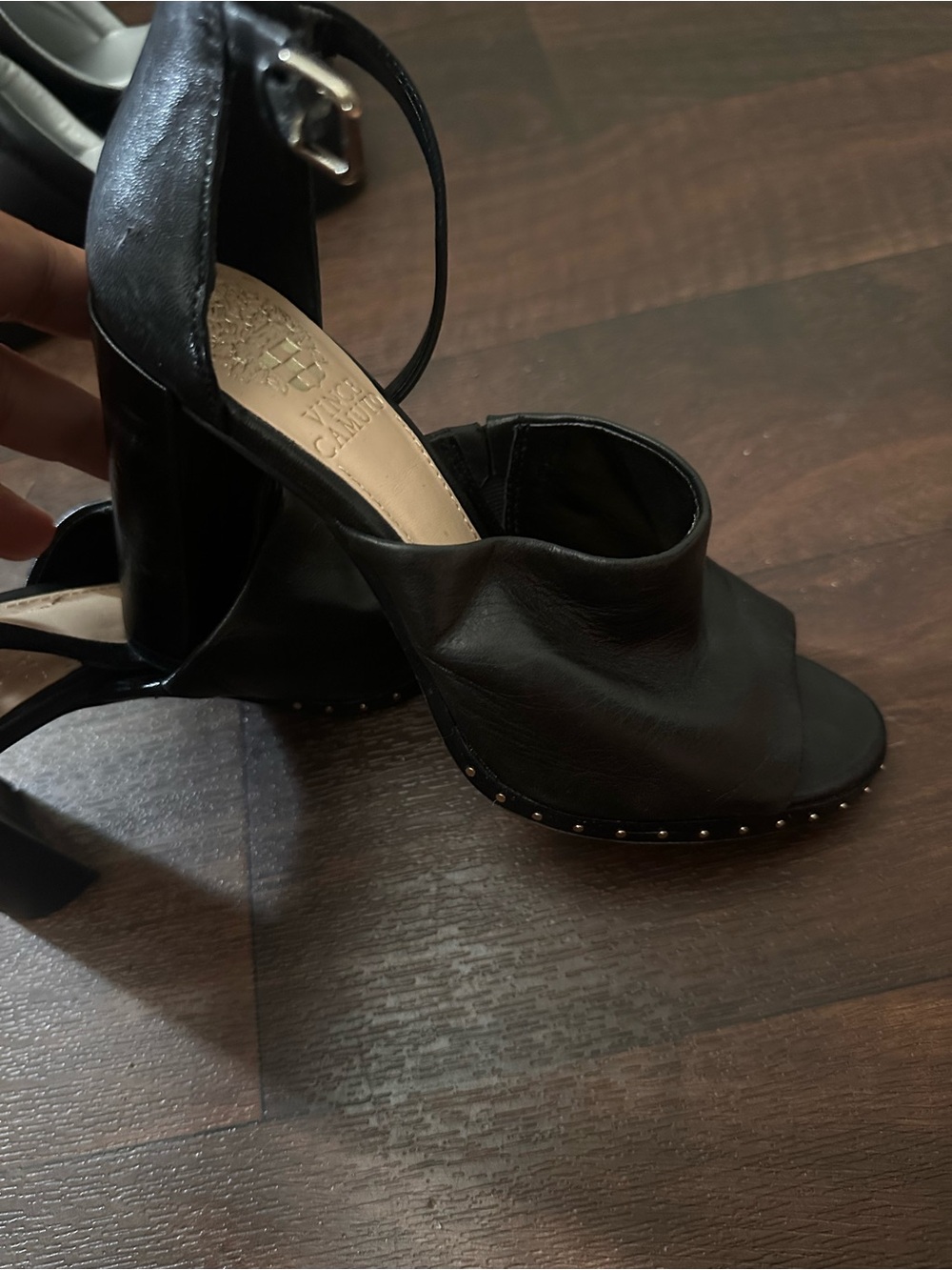 Vince Camuto Black Stud-Trim Peep-Toe Block Heels